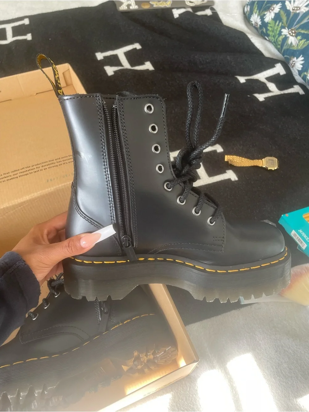 Dr. Martens Black Platform Combat Boots with Yellow Stitching